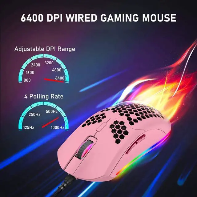 Alt view image 5 of 7 - Lightweight Gaming Mouse,26 kinds RGB Backlit Mice,PixArt 3325 12000 DPI Mouse,Ultralight Honeycomb Shell Ultraweave Cable Mouse and Anti-key Can Be Set for PC Gamers and Xbox and PS4 Users(Pink)