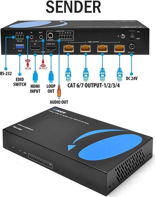 Alt view image 5 of 12 - 1x4 HDMI Extender Splitter HDBaseT 4K by OREI Multiple Over Single Cable CAT6/7 4K@60Hz 4:4:4 HDCP 2.2 With IR Remote EDID Management, HDR - Up to 400 Ft - Loop Out - Low Latency - Full Support