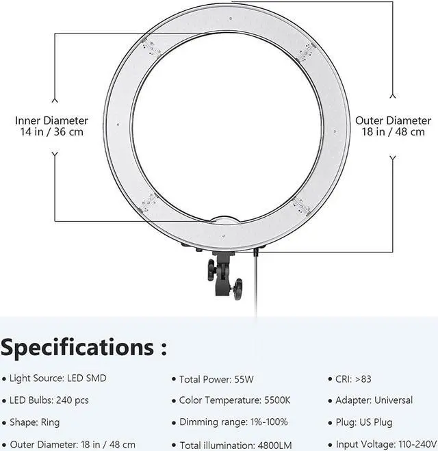 Alt view image 2 of 7 - Neewer 18-Inch Ring Light, 55W Dimmable 5500K Light with 240 LEDs Color Filter, Soft Tube and Carrying Bag for YouTube, TikTok, Selfies and Photography, Compatible with Camera and Smartphones