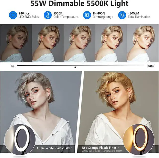 Alt view image 3 of 7 - Neewer 18-Inch Ring Light, 55W Dimmable 5500K Light with 240 LEDs Color Filter, Soft Tube and Carrying Bag for YouTube, TikTok, Selfies and Photography, Compatible with Camera and Smartphones