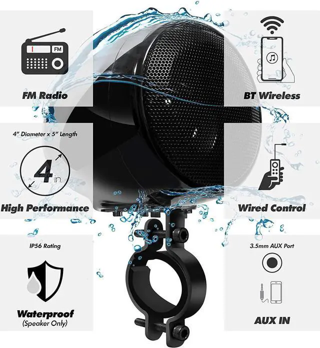 Alt view image 2 of 7 - Motorcycle Speakers Bluetooth Waterproof Radio Audio System with Amplifier, FM Radio, Volume Control, ATV UTV Compatible