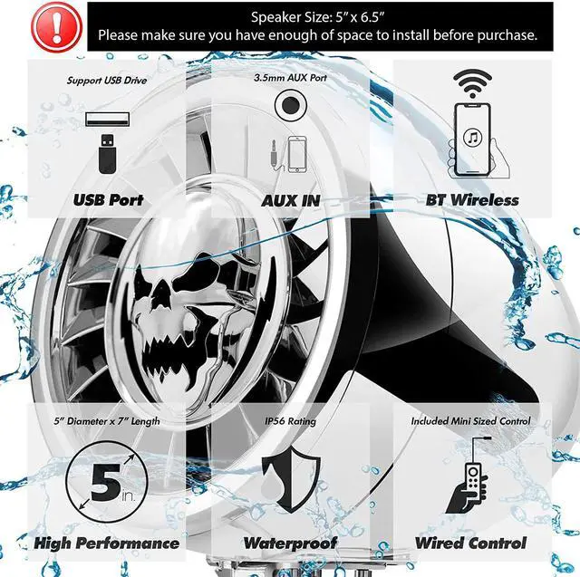 Alt view image 2 of 7 - AS5-X Gen.3 All-in-One 600W Built-in Amplifier 5" Full Range Waterproof Bluetooth Motorcycle Stereo Speakers Audio Amp System, 1 to 1-1/4" Ape-Hanger Handlebar Harley Custom Touring Cruiser