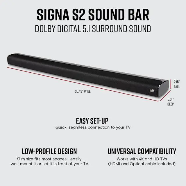 Alt view image 2 of 5 - Polk Audio Signa S2 Sound Bar & Wireless Subwoofer  Exclusive VoiceAdjust Technology, Ultra-Slim Design, Works with 4K & HD TVs, HDMI & Optical, Bluetooth, Wireless Streaming