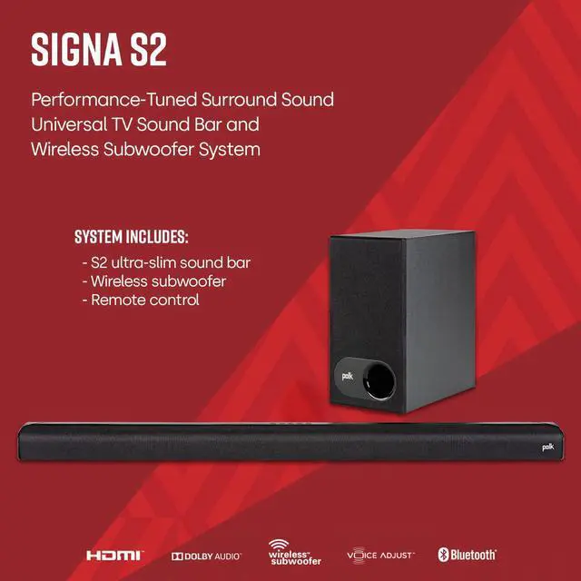 Alt view image 4 of 5 - Polk Audio Signa S2 Sound Bar & Wireless Subwoofer  Exclusive VoiceAdjust Technology, Ultra-Slim Design, Works with 4K & HD TVs, HDMI & Optical, Bluetooth, Wireless Streaming