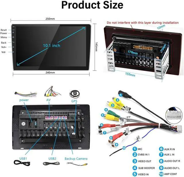 Alt view image 6 of 7 - 1G+32G Android Radio 10.1 Inch Double Din Car Stereo with GPS Navigation Touch Screen Car Radios with Backup Camera, Support WiFi Bluetooth FM, Mirror Link+Dual USB