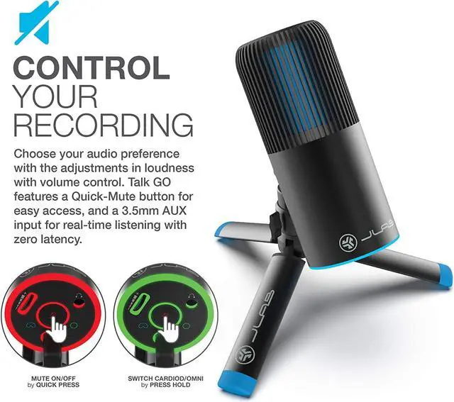 Alt view image 4 of 7 - JLab Talk Go USB Microphone | USB-C Output | Cardioid or Omnidirectional | 96k Sample Rate | 20Hz - 20kHz Frequency Response | Volume Control and Quick Mute | Plug and Play