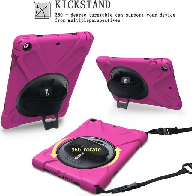 Alt view image 3 of 7 - iPad Air 1 Rugged Case [Heavy Duty] Full-Body Shockproof Protective Case with 360 Degree Swivel Kickstand/Hand Strap/Shoulder Strap for Apple iPad Air Kids case(Rose Red)