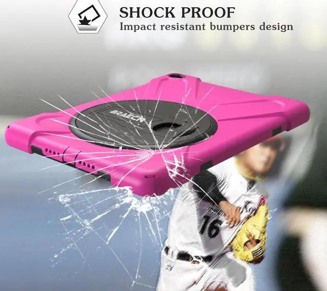 Alt view image 5 of 7 - iPad Air 1 Rugged Case [Heavy Duty] Full-Body Shockproof Protective Case with 360 Degree Swivel Kickstand/Hand Strap/Shoulder Strap for Apple iPad Air Kids case(Rose Red)