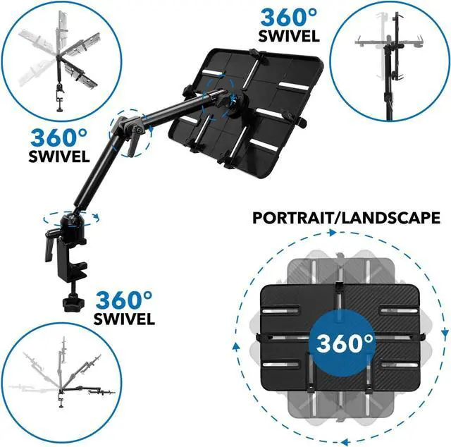 Alt view image 4 of 7 - Mount-It! Tablet Pole Mount | Universal Full Motion Holder for iPad, Phone or Tablet | C-Clamp Base | Fits 6-14 Inch Screens