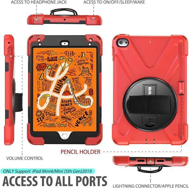 Alt view image 2 of 7 - iPad Mini 5th/4th Generation Case for Kids,  Shockproof Protective Case with 360° Rotating Kickstand Hand Strap and Shoulder Strap Pencil Holder for iPad Mini 5/ 4th Gen 7.9-Inch-Red