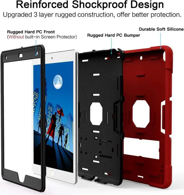 Alt view image 3 of 7 - Case for ipad 9th Generation/iPad 8th Generation/iPad 7th Generation, Slim Heavy Duty Shockproof Rugged Protective Case with Built-in Stand for iPad 10.2 inch 2021/2020/2019, Red