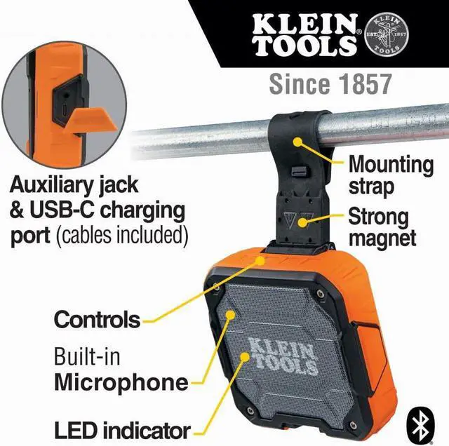 Alt view image 2 of 7 - Klein Tools AEPJS2 Bluetooth Speaker With Magnetic Strip and Hook, Rechargeable, Wireless and Aux Capable, Hands Free Capable, 10 Hr Run Time, IP54 Dust and Water Resistant