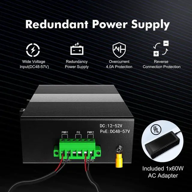 Alt view image 6 of 7 - MokerLink 5 Port PoE Gigabit Industrial DIN-Rail Ethernet Switch, 14Gbps Switching Capacity, IP40 Rated Network Switch (-40 to 185°F), with UL Power Supply