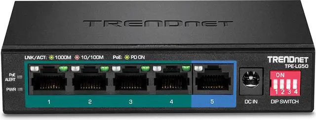 Alt view image 6 of 7 - TRENDnet 5-Port Gigabit Long Range PoE+ Switch, 4 x Gigabit PoE+ Ports, 1 x Gigabit Port, 32W PoE Budget, 10Gbps Switching Capacity, Extends PoE+ 200m (656 ft), Lifetime Protection, Black, TPE-LG50
