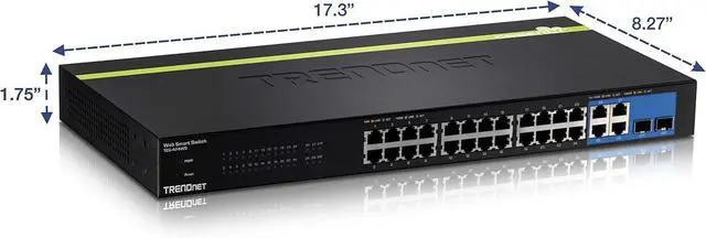 Main image of TRENDnet 24-Port 10/100 Mbps Web Smart Switch, 4 x Gigabit Uplink Ports, 2 x Shared SFP Slots, Fanless, Rack Mountable, Lifetime Protection, TEG-424WS