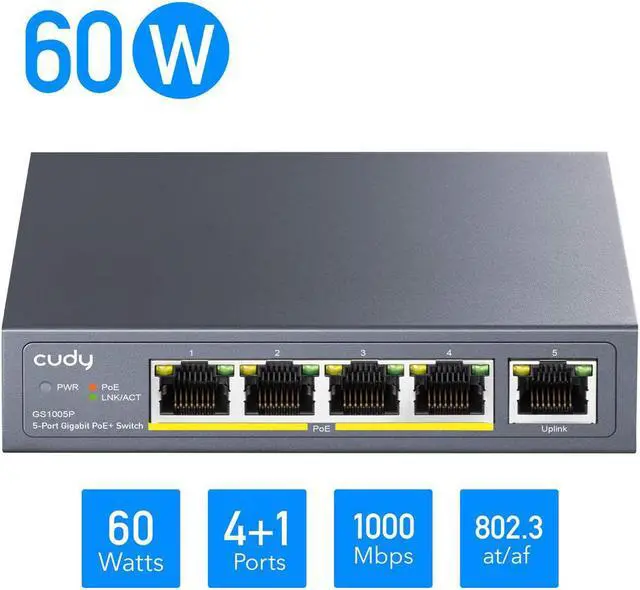 Alt view image 2 of 7 - Cudy GS1005P 5 Port Gigabit Ethernet Unmanaged PoE+ Switch, with 4 x PoE+ @ 60W, Desktop/Wall, Sturdy Metal Fanless Housing, 802.3af, 802.3at, Shielded Ports, Traffic Optimization, Plug and Play