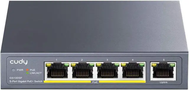 Main image of Cudy GS1005P 5 Port Gigabit Ethernet Unmanaged PoE+ Switch, with 4 x PoE+ @ 60W, Desktop/Wall, Sturdy Metal Fanless Housing, 802.3af, 802.3at, Shielded Ports, Traffic Optimization, Plug and Play