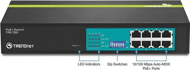 Alt view image 4 of 6 - TRENDnet 8-Port 10/100Mbps GREENnet PoE+ Switch, 30 W Per Port, Up to 15.4 W Per Port with 250 W Total Power Budget, Lifetime Protection, TPE-T80
