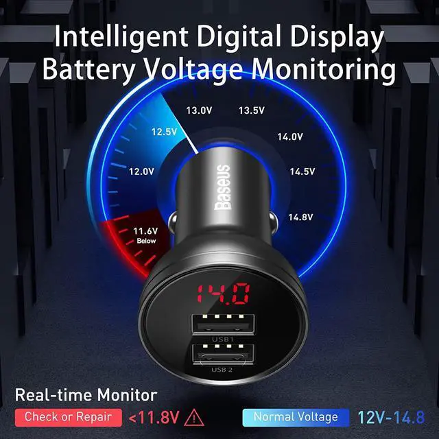 Alt view image 2 of 7 - USB Car Charger Baseus 24W Metal Dual Alloy USB Fast Car Adapter Mini Cigarette Lighter with Digital Display Compatible with iPhone 13 Pro Max Mini 12 Pro Max 11 XS XR iPad Samsung S21 20 Note20