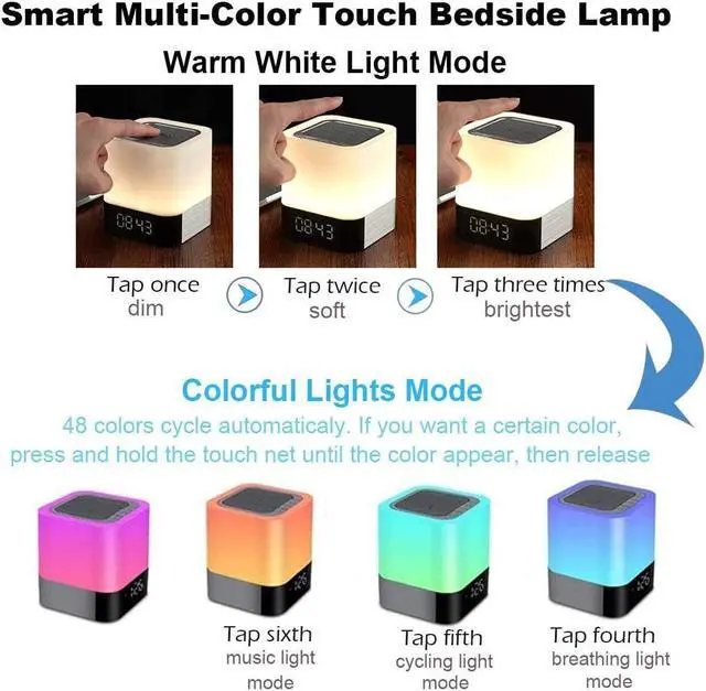 Alt view image 4 of 7 - Night Lights Bluetooth Speaker, Alarm Clock Touch Sensor Dimmable Multi-Color Changing Bedside Lamp, MP3 Player, Wireless
