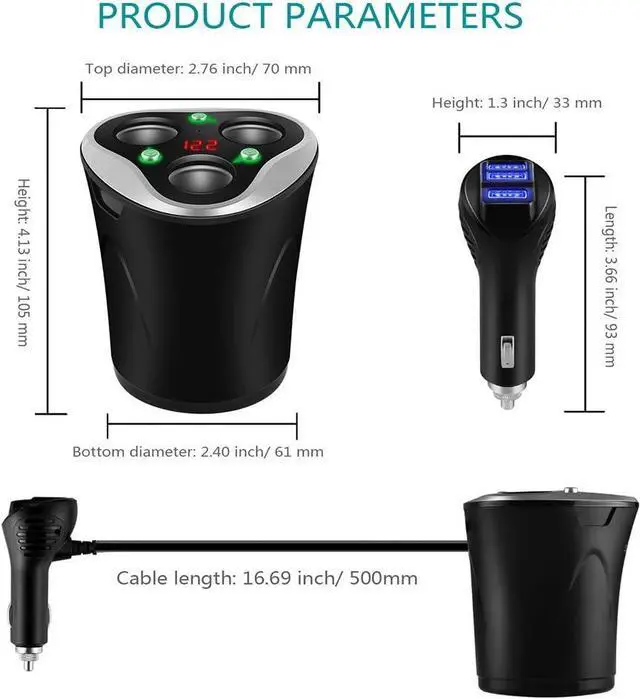 Alt view image 5 of 7 - Skyocean 3 Socket Cigarette Lighter Splitter Power Adapter + 3 USB Car Charger 120W 12V/24V DC Outlet with Volt Meter, On/Off Switch for Cell Phone GPS Dash Cam & All Electronic Devices (Black)