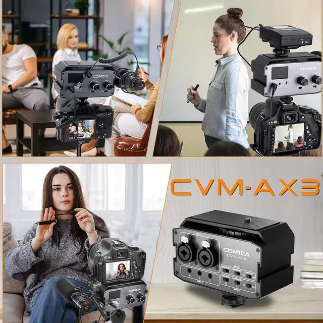 Alt view image 6 of 7 - CVM-AX3 Audio Mixer, Dual XLR/3.5mm/6.35mm Mic Preamp 9V Phantom Power with Real-time Monitor for Interview Guitar Recording Canon Nikon DSLR Camera Camcorder