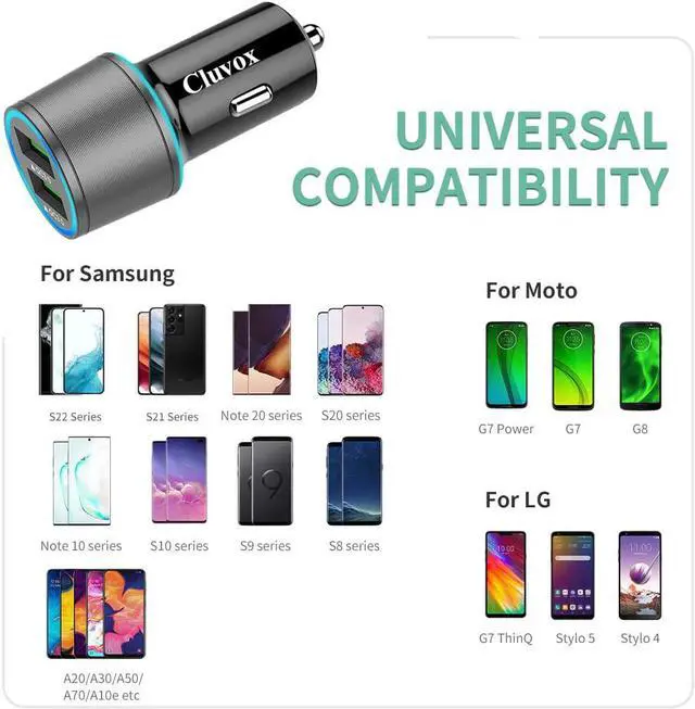 Alt view image 4 of 7 - Rapid USB C Car Charger Compatible for  Galaxy S25 Plus/Ultra/S24/S23/S22/S21/Note 20/10/9/8/S20/S10+/S10e/S9/S8/A50/A70 Quick Charge 3.0 Dual USB 18W Fast Car Charger+ Type C Cable 3.3ft