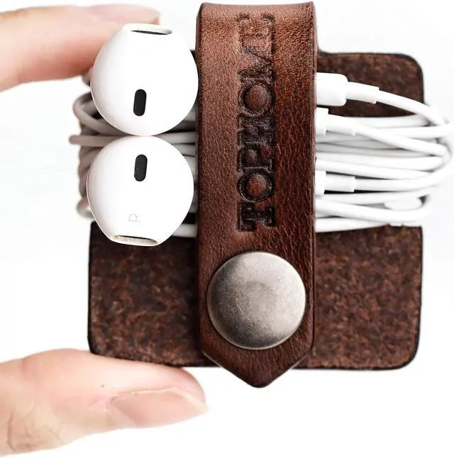 Alt view image 4 of 7 - Cord Organizer Earbud Holders Earbud Case Earphone Earbud Headphone Organizer Cord Winder Earphone Wrap Winder Leather Headset Organizer (Black&Coffee&Orange Set of 3)