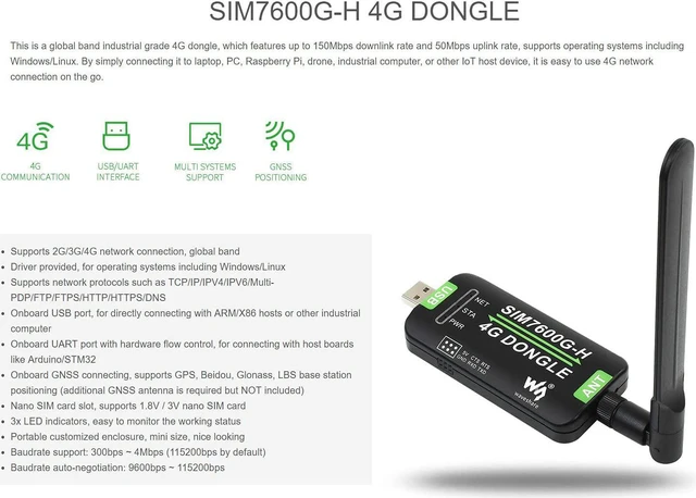 Alt view image 5 of 7 - Waveshare SIM7600G-H 4G DONGLE with Antenna Compatible with Windows/Linux