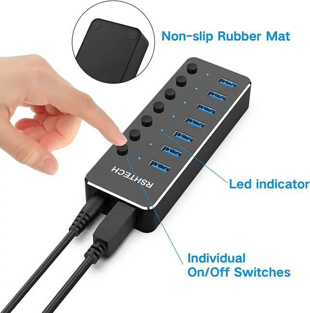 Alt view image 6 of 7 - Powered USB Hub RSHTECH Type C to 7 Port USB 3.0 Data Port Hub Expander Aluminum Portable Splitter with Universal 5V AC Adapter and Individual On/Off Switches for Laptop and PC(Black)