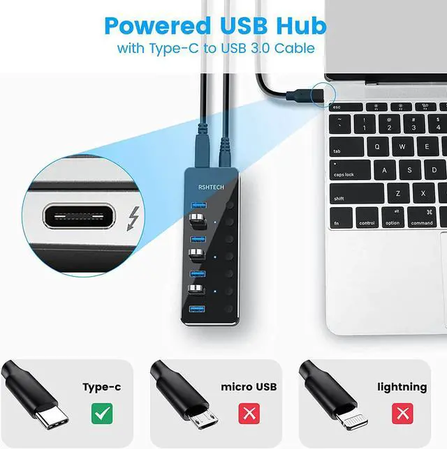 Alt view image 5 of 7 - Powered USB Hub RSHTECH Type C to 7 Port USB 3.0 Data Port Hub Expander Aluminum Portable Splitter with Universal 5V AC Adapter and Individual On/Off Switches for Laptop and PC(Black)