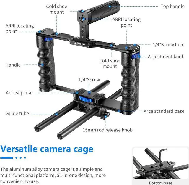 Alt view image 2 of 7 - Aluminum Alloy Camera Cage, Filmmaking Rig with Top Handle, Dual Grips & Arca Type Base, Compatible with  A7S III A7IV A6600  EOS R5C R5 R6 DSLR/Mirrorless Cameras - VS107, Blue