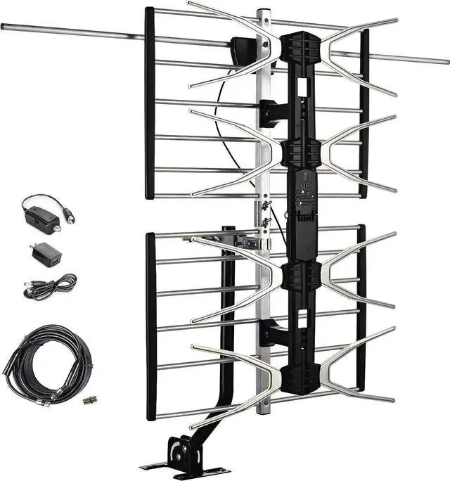 Main image of Digital HDTV Outdoor Amplified Antenna - 150 Miles Range - Mounting Pole & 40 feet RG6 Coaxial Cable Included - Optimized Performance in UHF & VHF - Tools Free Installation