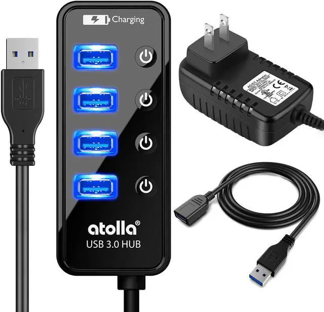 Main image of Powered USB Hub Long Cord, atolla USB 3.0 Hub 4 + 1 Data Transfer and Charging Multiport with Power Supply Adapter 15W (5V/3A) and 3.3ft Meter USB 3 Extension Cable