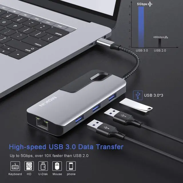 Alt view image 4 of 7 - USB C to Ethernet Adapter, USB C Hub with 1Gbps RJ45 Docking Station 4K HDMI, Up to 100W Pd Port, 3 USB 3.0 Ports, Compatible for MacBook Pro, Chromebook, Lenovo, Dell, XPS, Surface and USB C Devices