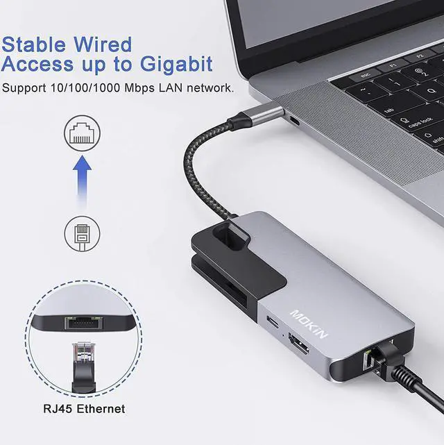 Alt view image 3 of 7 - USB C to Ethernet Adapter, USB C Hub with 1Gbps RJ45 Docking Station 4K HDMI, Up to 100W Pd Port, 3 USB 3.0 Ports, Compatible for MacBook Pro, Chromebook, Lenovo, Dell, XPS, Surface and USB C Devices
