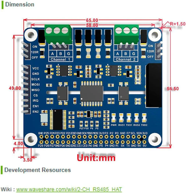 Alt view image 5 of 6 - Waveshare 2-Channel Isolated RS485 Expansion HAT, SC16IS752+SP3485 Dual Chip, SPI to RS485, Up to 921600bps, Raspberry Pi 4B/3B+/3B/2B/Zero/Zero W HAT