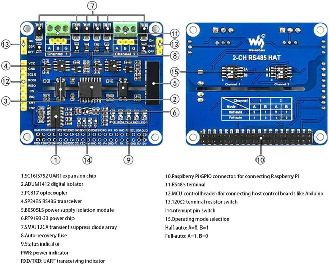 Alt view image 6 of 6 - Waveshare 2-Channel Isolated RS485 Expansion HAT, SC16IS752+SP3485 Dual Chip, SPI to RS485, Up to 921600bps, Raspberry Pi 4B/3B+/3B/2B/Zero/Zero W HAT
