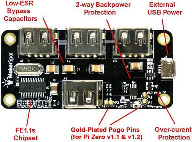 Alt view image 3 of 5 - MakerSpot 4-Port Stackable USB Hub HAT for Raspberry Pi Zero V1.3 (with Camera Connector) and Pi Zero W /2W (with Bluetooth & WiFi)