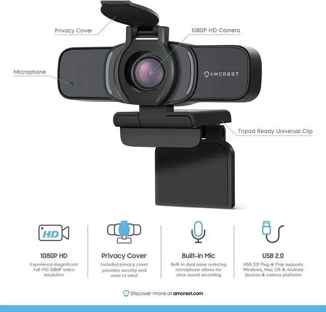 Alt view image 2 of 7 - Amcrest 1080P Webcam with Microphone & Privacy Cover, Web Cam USB Camera, Computer HD Streaming Webcam for PC Desktop & Laptop w/Mic, Wide Angle Lens & Large Sensor for Superior Low Light (AWC201-B)