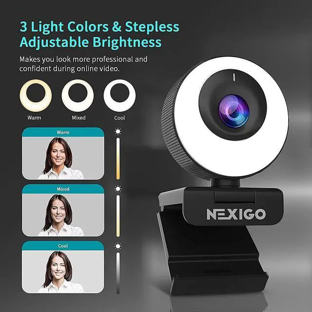 Alt view image 3 of 7 - NexiGo N620E 60FPS AutoFocus ePTZ Webcam, 2X Digital Zoom, Ring Light & Privacy Cover, [Software Included], 1080P FHD Streaming Web Camera, Dual Stereo Mics, for Zoom Skype Teams