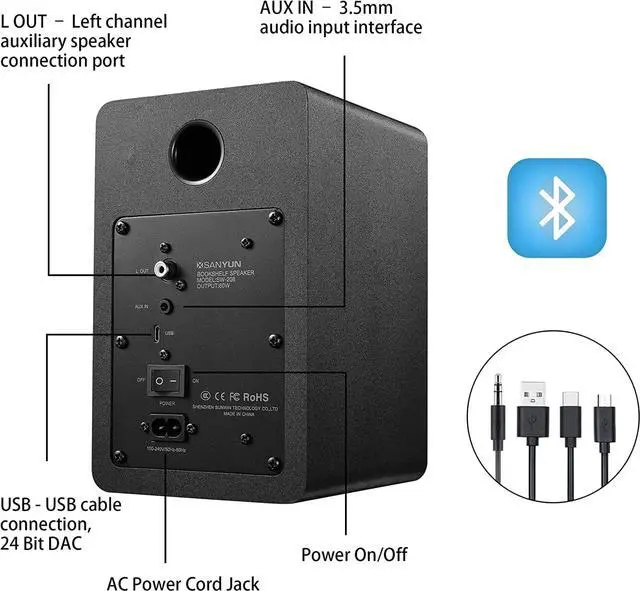 Alt view image 4 of 7 - SW208 3" Active Bluetooth 5.0 Bookshelf Speakers  60W Carbon Fiber Speaker Unit - Built-in 24bit DAC - Dynamic 3D Surround Sound  2.0 Computer PC Monitor Gaming Speakers (Pair, Black)