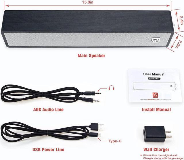 Alt view image 6 of 7 - MICA Computer Speakers, Bluetooth 5.0 Wireless Computer Sound Bar, Wooden Mini Soundbar, USB Powered PC Speakers for Computer Laptop Smartphone Tablet, Aux Connection, Comes with Adapter, Black (M30T)