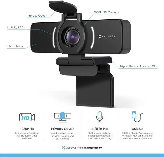 Alt view image 2 of 7 - Amcrest 1080P Webcam with Microphone & Privacy Cover, Web Cam USB Camera, Computer HD Streaming Webcam for PC Desktop & Laptop w/Mic, Wide Angle Lens & Large Sensor for Superior Low Light (AWC205)
