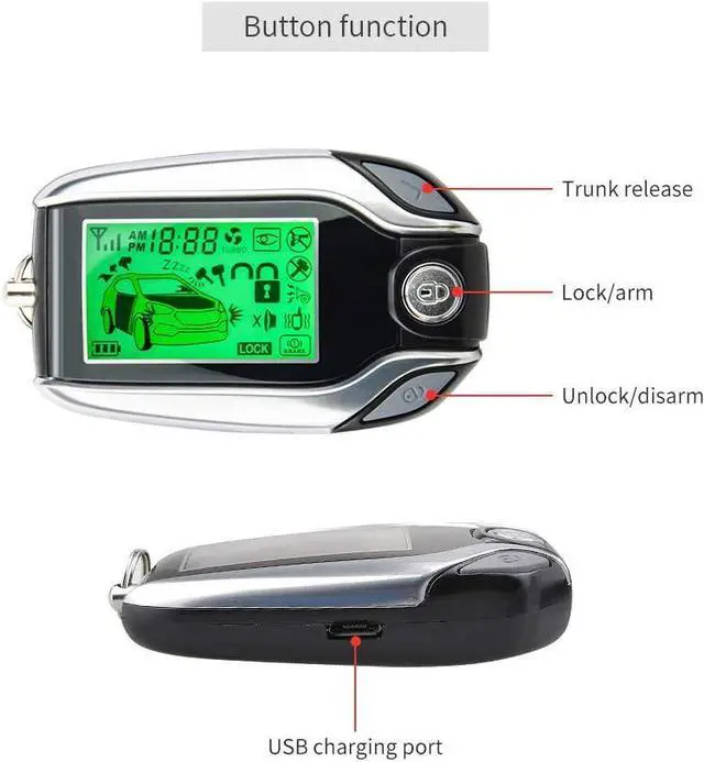 Alt view image 3 of 7 - EC204 2 Way car Alarm System with PKE Passive keyless Entry, Rechargeable LCD Pager Display & Remote Trunk Release, Shock Warning DC12V