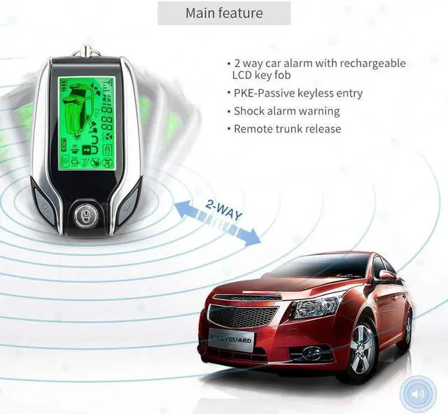 Alt view image 6 of 7 - EC204 2 Way car Alarm System with PKE Passive keyless Entry, Rechargeable LCD Pager Display & Remote Trunk Release, Shock Warning DC12V