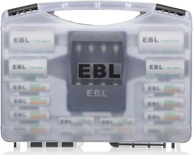 Main image of EBL Black Batteries Box Include : Rechargeable 8 AA Batteries + 4 AAA Batteries + 40Min iQuick Battery Charger and 2Pcs C/D Converters with Battery Storage Organizer