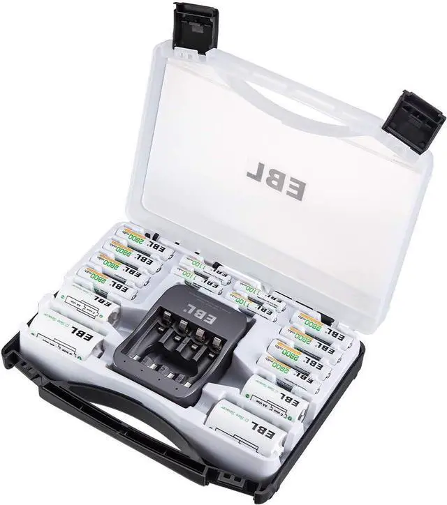 Alt view image 7 of 7 - EBL Black Batteries Box Include : Rechargeable 8 AA Batteries + 4 AAA Batteries + 40Min iQuick Battery Charger and 2Pcs C/D Converters with Battery Storage Organizer