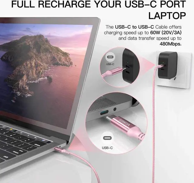 Alt view image 6 of 7 - 60W USB C to USB C Cable 10ft Pink Long Type-C Fast Charging Charger Cord Compatible with iPhone 15/15 Pro/15 Plus/15 Pro Max,Samsung Galaxy S23 S22 Note 20 10,Pixel 7,/Air
