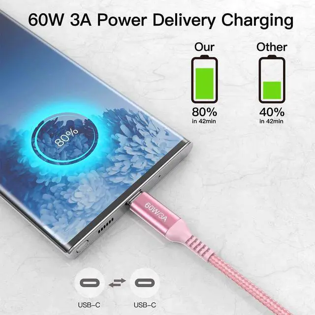 Alt view image 5 of 7 - 60W USB C to USB C Cable 10ft Pink Long Type-C Fast Charging Charger Cord Compatible with iPhone 15/15 Pro/15 Plus/15 Pro Max,Samsung Galaxy S23 S22 Note 20 10,Pixel 7,/Air